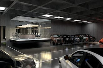 visualize 3d car show room, parking lot render, open space render, mechanic shop