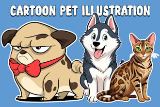 draw cartoon illustration portrait for dog, cat or any pet