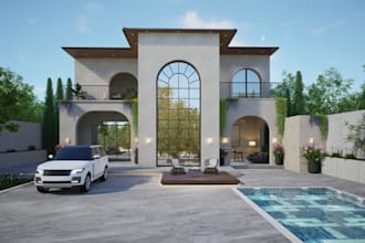 renew 3d house exterior, facade design,swimming pool render,lighten,parking area