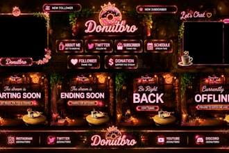 design animated twitch stream overlay, twitch logo, panels,screens