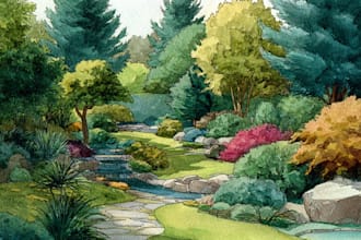 draw watercolor of landscape designs or home gardens