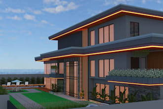 remodel hotel exterior building, landscape garden, frontyard render, pool patio