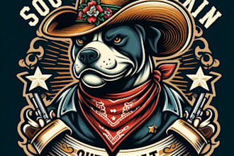 design high quality vintage cowboy hat pitbull dog logo with t shirt design