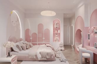 redesign 3d interior design,bathroom rendering,mini crib, minimalist toddler bed