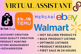 virtual assistant for tiktok shop temu ebay, walmart, mercari etsy and postmark