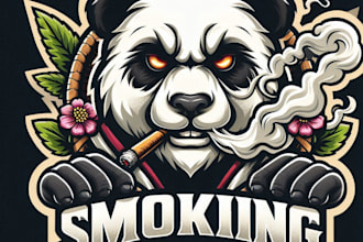 design high quality panda smoking mascot logo with t shirt design