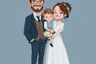 draw a couple, family, wedding portrait cartoon style