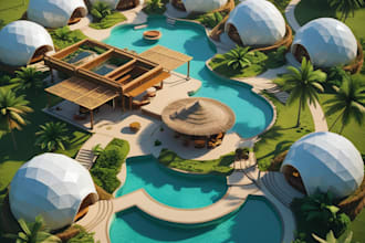 design realistic 3d resort and eco lodge masterplan visualization