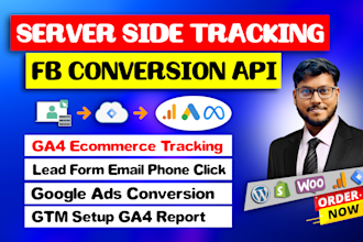 setup google analytics 4, ga4 ecommerce server side tracking, fb capi via GTM