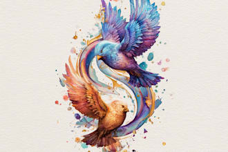 draw fantasy watercolor birds logo