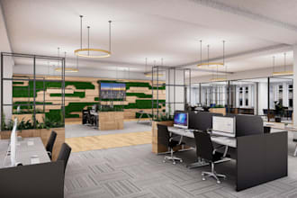 restyle office interior, furniture layout, pendant lighten, cgi coworking space