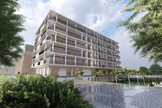 renovate motel exterior building,apartment design,facade rendering,landscape,cgi