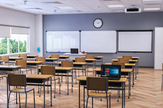 design 3d classroom interior, school building furniture layout,herringbone floor