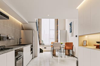 remodel real estate apartment interior sitting room, bathroom, dining, 3d render