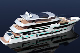 create an interior exterior 3d model design for a yacht, boat, 3d render design