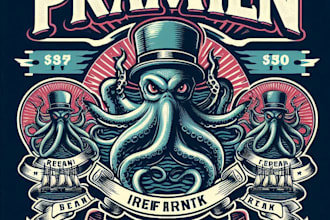 design premium vintage kraken octopus mascot ship logo with t shirt design