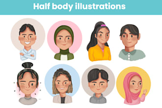 do custom cartoon illustration half body with full colour