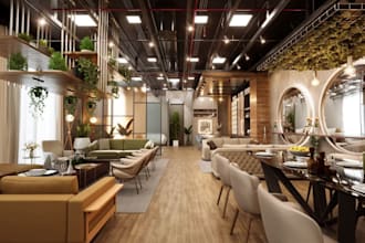 render 3d modern lounge interior, setup dinning area, cgi commercial kitchen