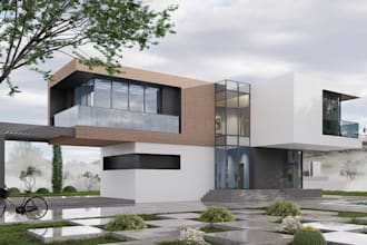 design 3d modern villa, interior exterior design, landscape render, terries, cgi