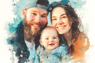 merge photos to watercolor family portrait illustration