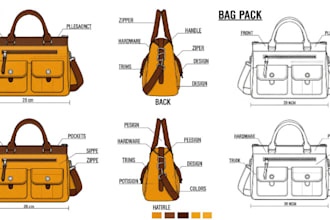 design tech pack for handbag, tote bag, duffle bag and custom bag design