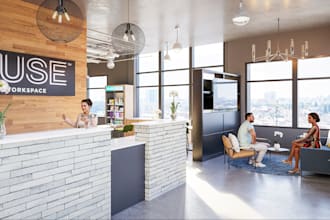 3d coworking space design,office interior,reception desk,meeting room, 8k render