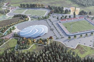 remodel 3d sports complex,landscape layout, training pitches design,arena render