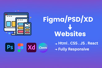 convert figma, PSD, or xd to responsive HTML CSS react site