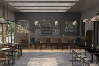 create 3d modern interior design for restaurant, cafe, bar, bakery, retail store