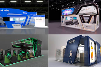 create realistic 3d trade booth, exhibition stand, mall kiosk and retail booth