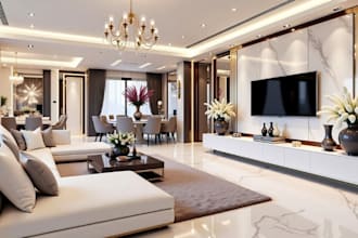 design 3d house interior, living room, bedroom, kitchen and bathroom