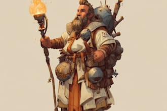 illustrate full body fantasy characters with weapons