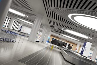 3d airport interior design, airport hallway, airport terminal, airport layout