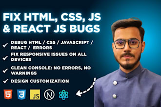 fix html css javascript react js website bugs