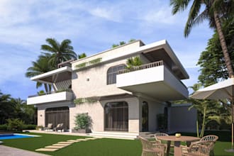 design 3d exterior villa, backyard, front yard, patio, pergola, outdoor kitchen,