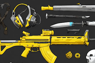 create in game material like weapons, character, game assets, game art with gui
