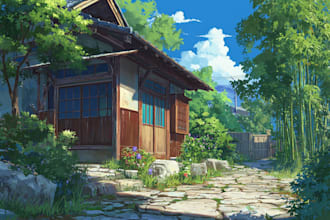 do character illustration, background in anime art style