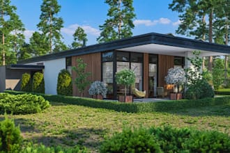 render 3d exterior house elevation,deck model,porch,garden terrace design,garage