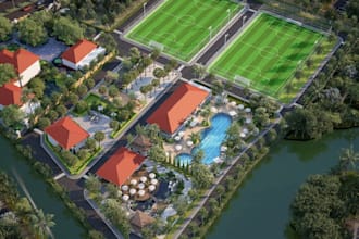 photorealistic 3d site plan, sports complexes, community master plan, cgi resort