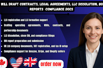 draft contracts, legal agreements, llc dissolution, boi reports  compliance docs