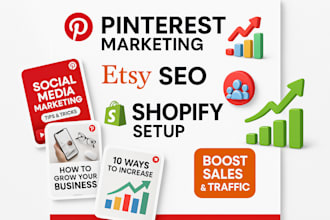 be social medial, pinterest marketing  for etsy SEO shopify shop setup pins