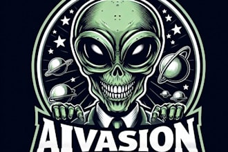 design high quality alien invasion mascot logo with t shirt design