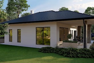 redesign 3d bungalow building,modern exterior,full basement,sloping roof render