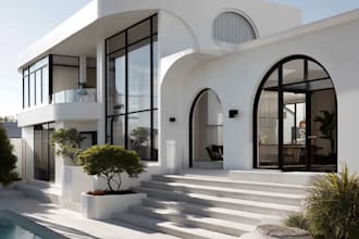 redesign 3d minimalist slant house,white brick facade,cozy stairs, cgi rendering