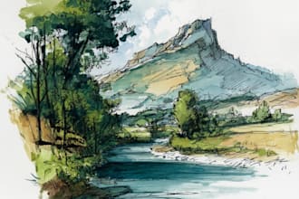 hand draw landscape sketch watercolor and ink