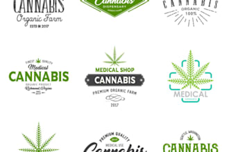 make weed and cannabis, cbd oil and medical logo with business card