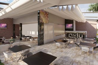 remodel 3d restaurant terrace,patio bar design,outdoor lounge render,beer garden