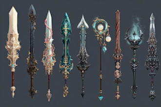 design unique fantasy, dnd, game weapons illustrations
