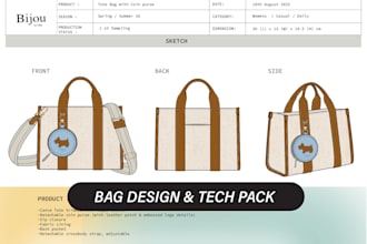 design women handbags, accessories drawings and tech packs