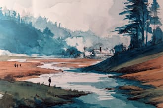 hand draw landscape sketch watercolor and ink